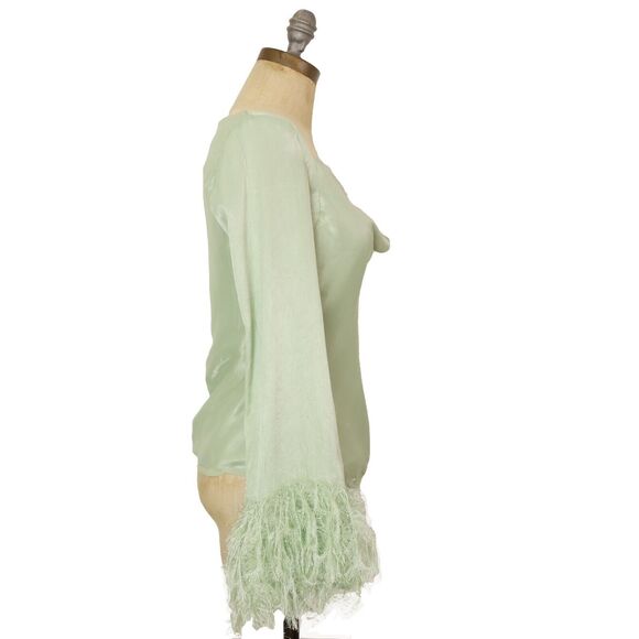 ASOS Design Long Sleeve Top With Feather Cuff Detail US 0 Sage Green Satin B21 - Picture 3 of 7